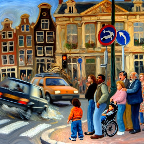Auto maakt U-bocht op druk kruispunt Een auto maakt een U-bocht op een druk kruispunt, omringd door nieuwsgierige voetgangers en historische gebouwen.