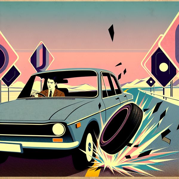 Retro-futuristische illustratie van een autoband die plotseling klapt op de snelweg, met rubberfragmenten in de lucht en een geschrokken bestuurder