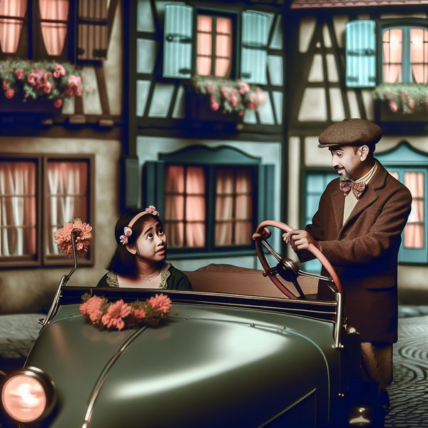 Jonge vrouw leert autorijden in een nostalgisch dorp met een klassieke auto en instructeur naast haar