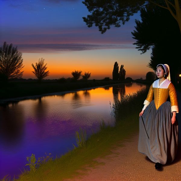 Avondscène met vrouw langs de rivier in Vermeer-stijl Een vrouw in historische kleding wandelt langs een rustige rivier tijdens de zonsondergang, met een kleurrijke lucht.