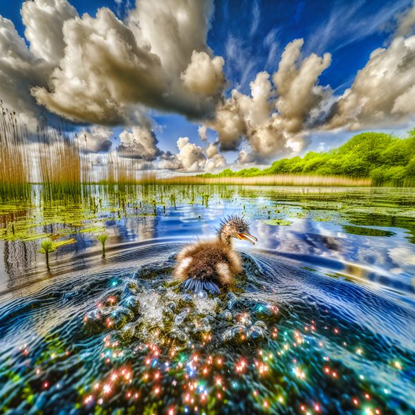 Baby Aalscholvertje in Rustig Water – Natuurfotografie Een schattig baby aalscholvertje dat speelt in het glinsterende water van een rustige vijver.
