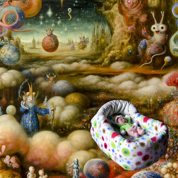 Speelse Baby Deken Tussen Fantasie Wezens Een schattig babydekentje op een wolk, omringd door vreemde, fantasierijke wezens en speelse figuren.