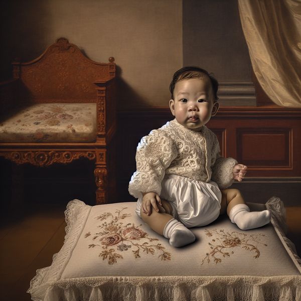 17e-eeuws Nederlands genretafereel van een baby met een iets afgezakte luier, zittend op een rijk geborduurd kussen in een elegant interieur