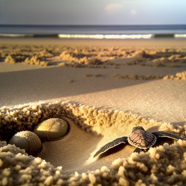 Baby schildpad die uit ei kruipt aan het strand Een baby schildpad komt uit een ei op een rustige strandlocatie met zacht zand en de oceaan op de achtergrond.