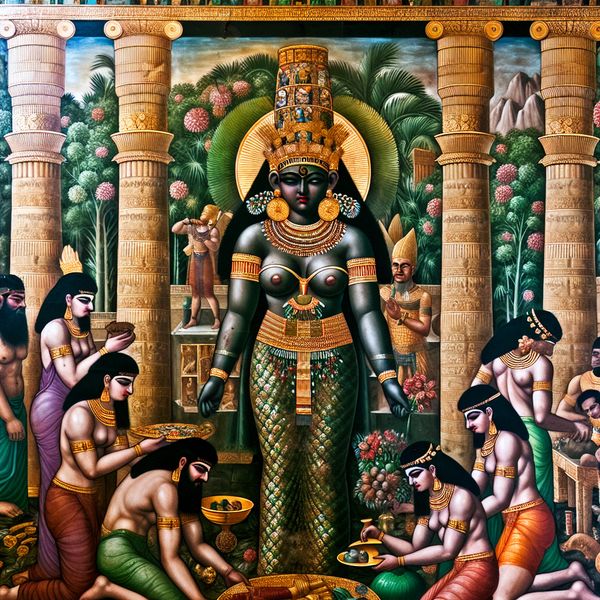 Een prachtige tempel uit het oude Babylon met een vrouwelijke godheid