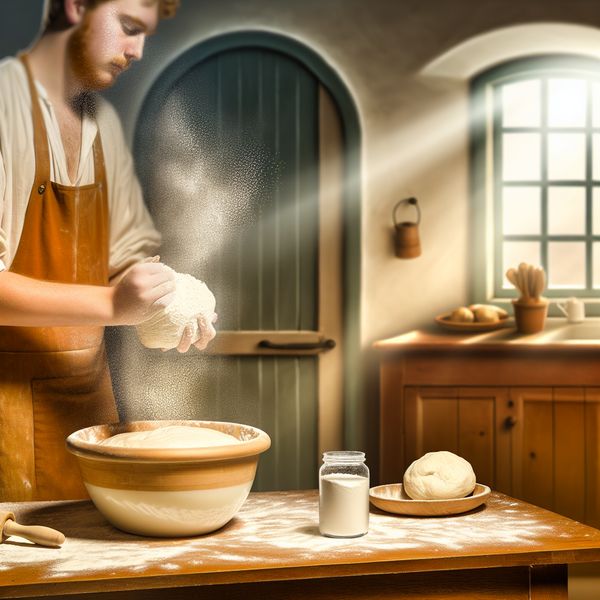 Bakker voegt gist toe aan een kom met deeg in een serene keuken met diffuus licht