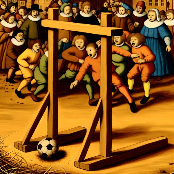Chaotisch kindervoetbalmoment waarbij de bal tegen de houten doelpaal botst in een schilderij van Jan Steen