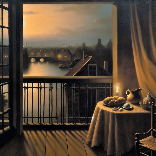 Serene balkonscène in Vermeer-stijl met eenvoudige maaltijd op een zonnige avond, rustige stad op de achtergrond