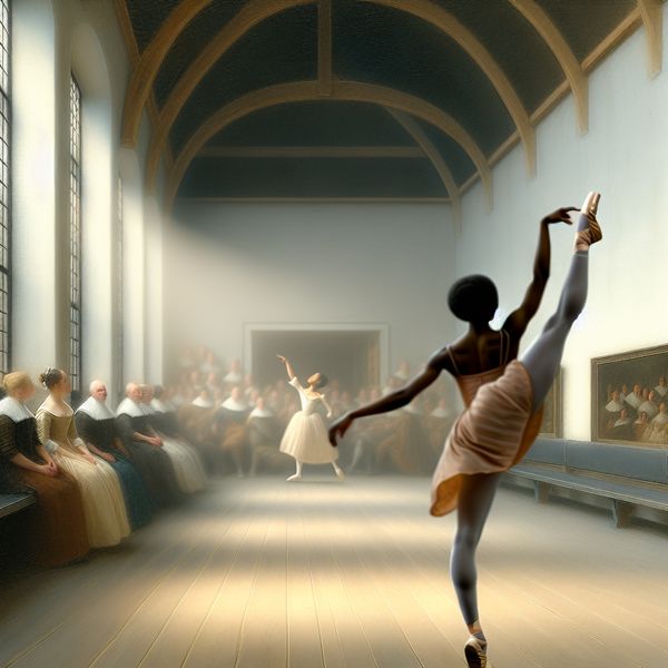 Elegante Ballerina Voert Een Kick Uit Tijdens Ballet Een ballerina voert een dienende trap uit tijdens een balletuitvoering, met een elegant verlichte achtergrond en aandacht van het publiek.