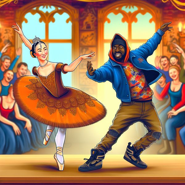 Ballet en hiphop dansperformance op het podium Een balletdanseres in een elegante klassieke outfit en een hiphopdanser in casual streetwear dansen samen op een podium, met een enthousiast publiek op de achtergrond.