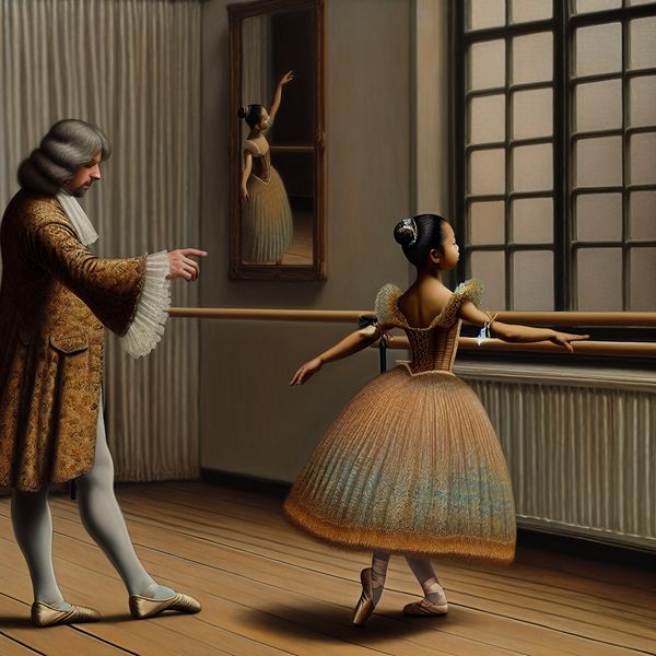 Jong meisje in elegante balletjurk oefent ballet aan houten barre met dansinstructeur in stijlvolle dansstudio