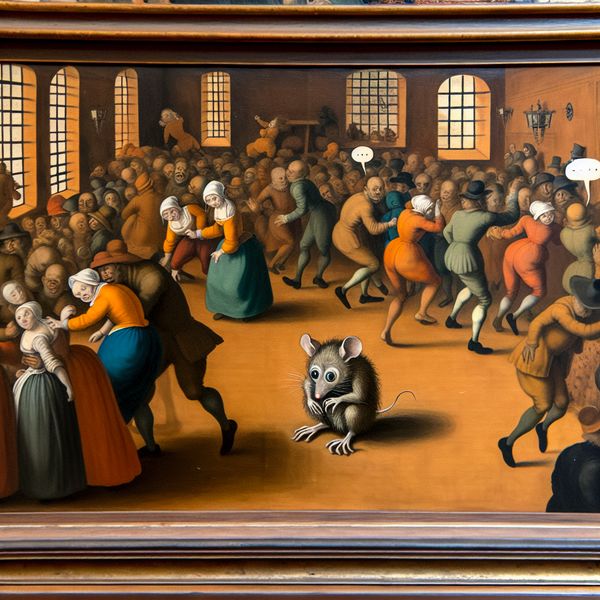 Bang Karakter in Drukke Kamer - Tussen Mensen Een verlegen karakter dat op een muis lijkt, cowerend in de hoek van een drukke ruimte vol lachende en sociale mensen.