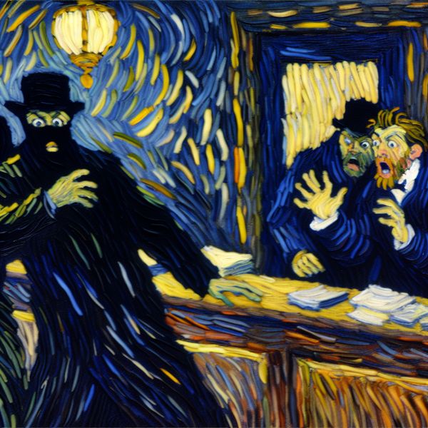 Dramatische scène van een nachtelijke bankberoving in Van Gogh-stijl met gemaskerde overvallers en bange bankmedewerker