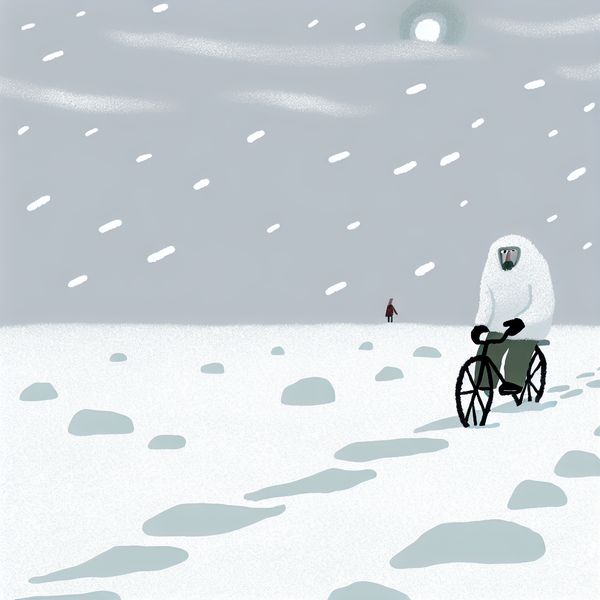 Bar koud winterlandschap met fietser - minimalistische illustratie voor taalonderwijs Minimalistische illustratie van een eenzame fietser in dikke winterkleding die door een besneeuwd landschap rijdt bij bar koud weer