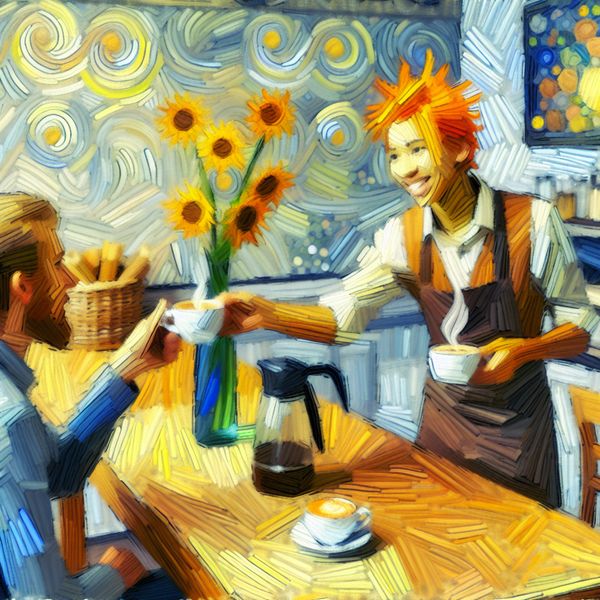 Vrolijke barista biedt koffie aan in een gezellige koffiebar Een vrolijke barista met oranje haar die een stoomkop koffie aanbiedt aan een blije klant in een gezellige koffiebar.