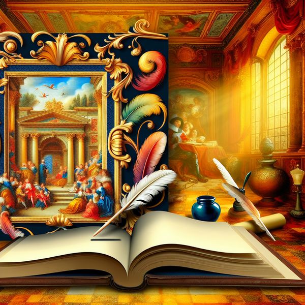 Barok Beeld van een Rijk Geïllustreerd Boek Groot, Barok-boek met een rijk geïllustreerde kaft, omgeven door quills en inktpotten in een smaakvol verlichte kamer.