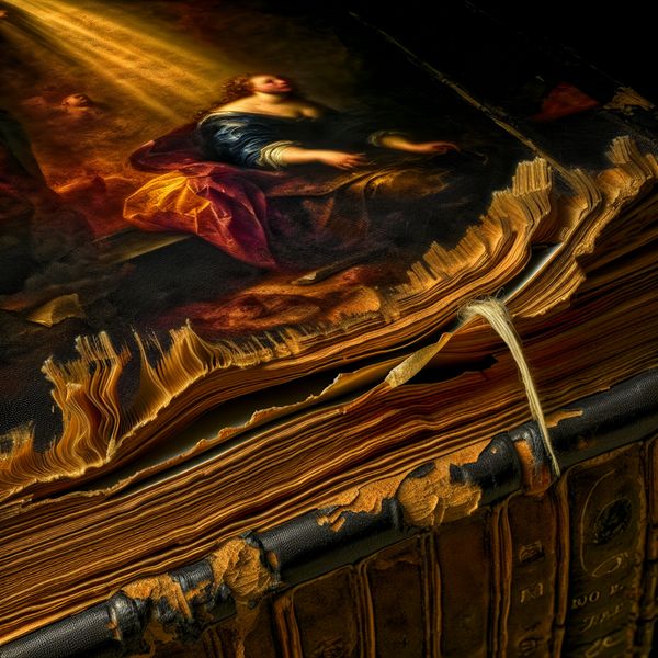 Boekrug uitleg: anatomie en structuur van een oud boek in barokstijl Barokke close-up van een oude, versleten boekrug met beschadigde draad en gescheurd leer, symboliserend de fysieke structuur van een boek