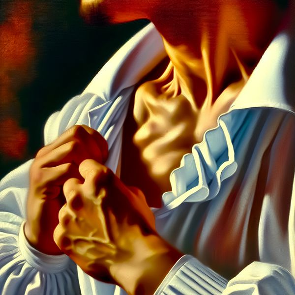 Barokke schilderij van een man die de omgeslagen boord van zijn witte overhemd nauwkeurig afstelt, geïnspireerd op Peter Paul Rubens