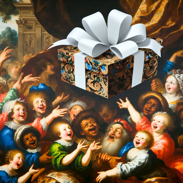 Barok schilderij van een rijk gedetailleerde cadeauscène met kinderen