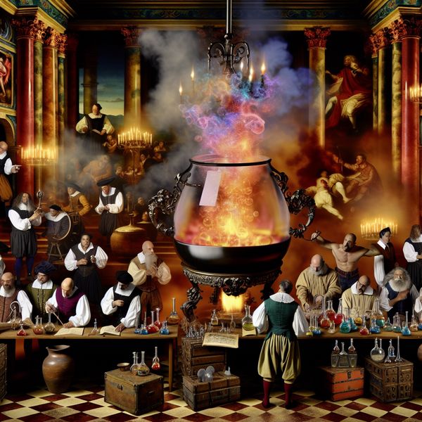 Chemische reactie azijn en bakpoeder in barokke alchemielaboratorium Barokke alchemielaboratoriumscène met dramatische chemische reactie tussen azijn en bakpoeder, 17e-eeuws