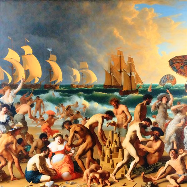 Dagje uit naar het strand: levendige barokscène met recreatie en ontspanning Barokke strandscène met vrolijke mensen die genieten van een dagje uit aan zee, met zandkastelen, parasols en zeilboten in een dynamische compositie