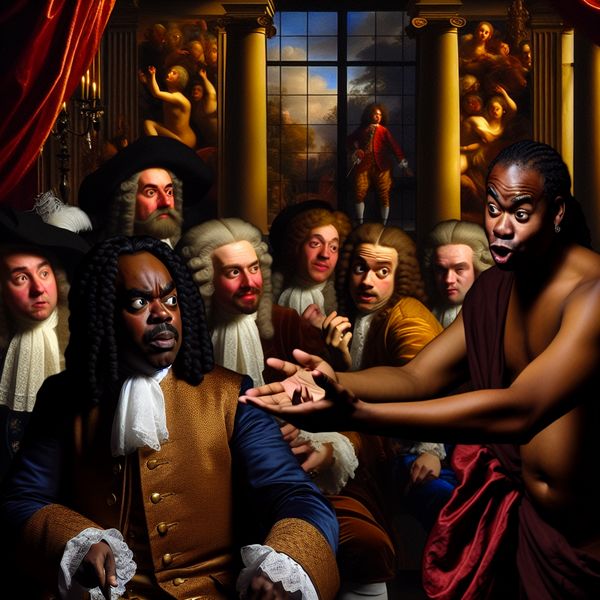 Barokke discussie over verduidelijking en begrip Een levendige Barok scène waarin diverse individuen in een luxueuze setting een intense discussie voeren, met de focus op een middelbare man die vragend kijkt naar een andere persoon die zijn hand efficiënt gebaart.