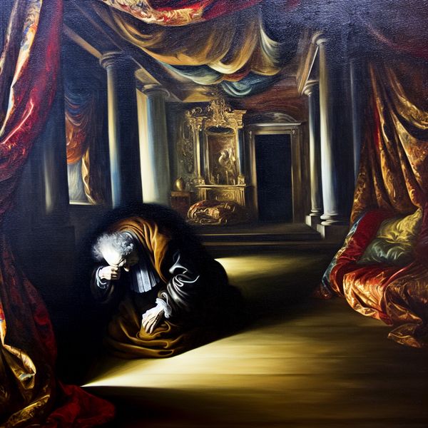 Eenzaamheid in barokstijl: schilderij van eenzame man in weelderige ruimte Barokschilderij van een eenzame oudere man in een weelderige, lege zaal, gevoel van isolatie en verdriet uitstralend