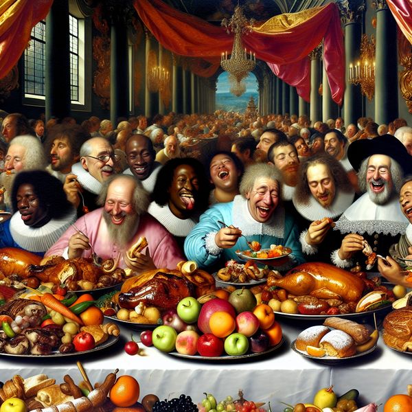 Barok Feestmaal - Overvloedige Maaltijd en Vreugde Een levendig Barok feestmaaltijd met een overvloed aan kleurrijke gerechten en mensen die genieten van het eten.