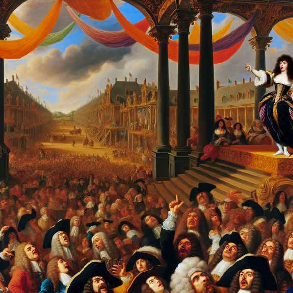 Barok Festival met Vrouw die het Belang van Reden Toelicht Een vrouw op een verhoogd platform spreekt het publiek toe tijdens een Barok festival, met emotionele festivalgangers eromheen.