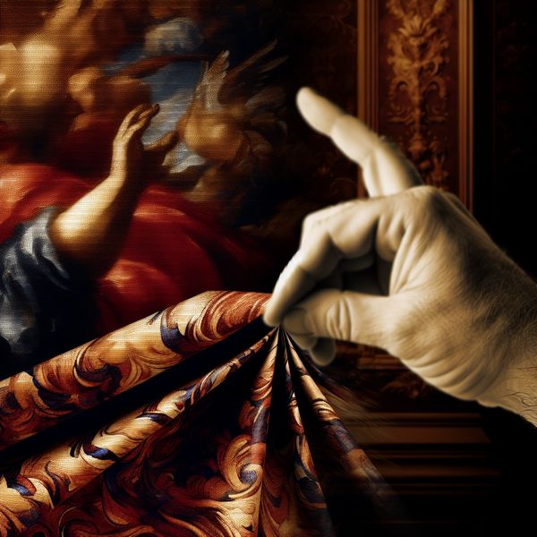 Dramatische vouw in Barokke kunst: hand en papier Close-up van een hand die een grote, versierde papier vlak vouwt met complexe patronen in Barokke stijl.