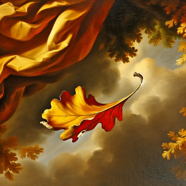 Herfstblad dat valt: barokke weergave van beweging en loslaten Barokke voorstelling van een herfstblad dat loslaat van een tak en naar beneden valt, met warme kleuren en dynamische beweging