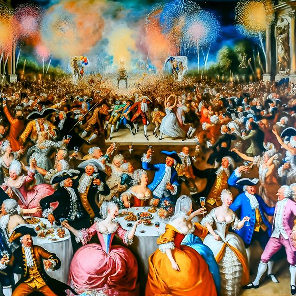 Een barokke scène van een jubilee viering met een feestelijke menigte