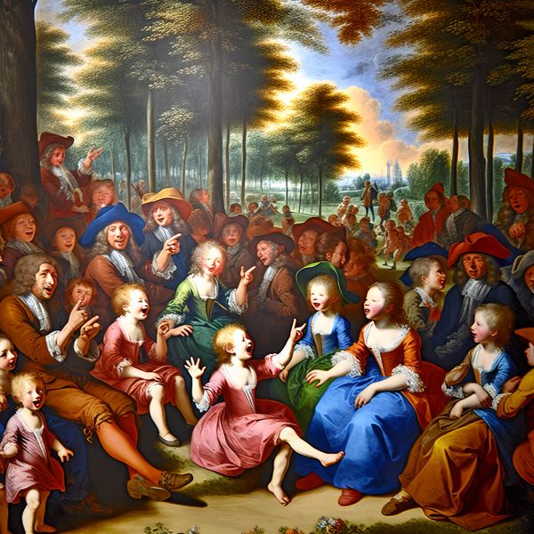 Barok Schilderij van Kinderen en Volwassenen in Gesprek Barok schilderij van kinderen in gesprek met volwassenen in een zonnig park