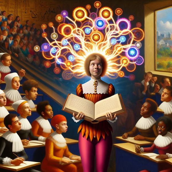 Een barokke scène met jonge leerlingen in een klaslokaal, waarbij een meisje een gloeiend boek vasthoudt te midden van kleurrijke, draaiende symbolen die haar intelligentie voorstellen.