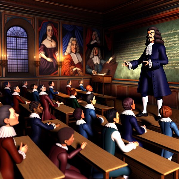 Dynamische Klaslokaal Scene in Barokstijl met Leraar en Studenten Een gespierde leraar staat rechtop voor de klas en legt enthousiast een onderwerp uit aan een divers publiek van studenten.