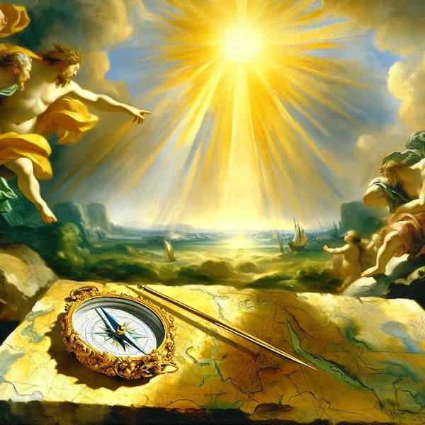 Barokke voorstelling van een kompas dat naar het zuiden wijst, omringd door mythologische figuren in een zonovergoten landschap