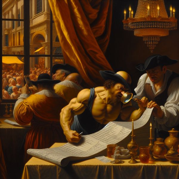 Barokke scène van een rijke koopman die met een vergrootglas een restaurantrekening controleert, geïnspireerd op Peter Paul Rubens