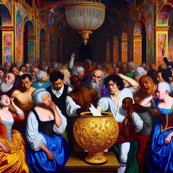 Dramatische Barok Loterij Scène met Willekeurige Selectie Een dramatisch Baroktafereel van een loterij met een diverse groep mensen die vol spanning kijken terwijl een man uit een vergulde urn een naam trekt.