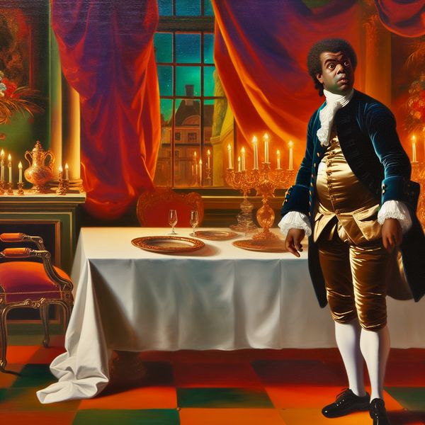 Barok scène van verwachting met elegant geklede man Man in barokke setting staat aan een elegant gedekte tafel en kijkt verwachtingsvol naar een lege stoel.