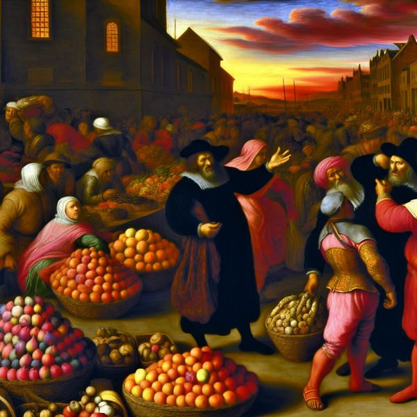 Levende Barokmarkt bij Zonsondergang Dramatisch Barok tafereel van een levendige markt bij zonsondergang met veel mensen en kleurrijke kraampjes vol groenten en fruit