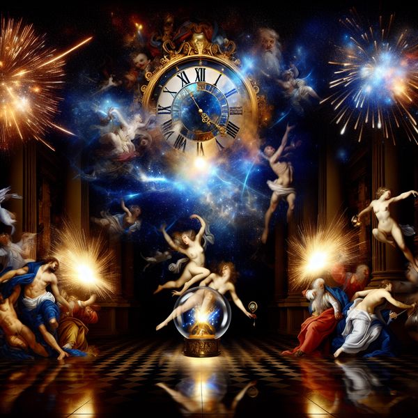 Barokke voorstelling van middernacht met een hemelse klokkentoren, etherische figuren en vuurwerk, symboliserend de overgang van de oude naar de nieuwe dag