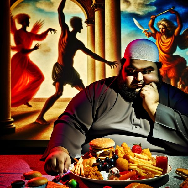 Een plomp individu kijkt naar een bord met ongezond eten, in een dramatische Barok-sfeer met schaduwen die dreigend zijn.