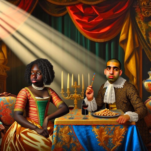 Barokke afbeelding van een oppervlakkig gesprek Twee elegant geklede personen aan een rijk gedekte tafel, in gesprek maar met verveelde uitdrukkingen.