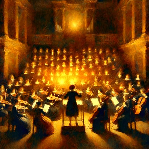 Historisch orkestpersoneel in barokke concertzaal met dramatische belichting 17e-eeuws orkest in een concertzaal met muzikanten in historische kleding, verlicht door kaarslicht, terwijl ze samen spelen onder leiding van een dirigent