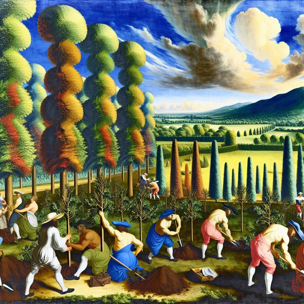 Barok Parkscène met Mensen die Bomen Planten Een levendige Barokke scène van een park met mensen die jong bomen planten, omringd door majestueuze bomen en een heuvelachtig landschap.