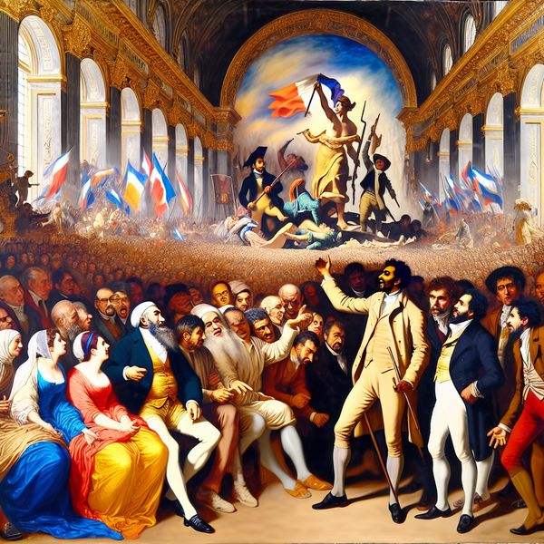 Barok schilderij van een gepassioneerde politieke discussie over de onafhankelijkheid van Nederland, met een charismatische leider en diverse figuren in een grootse zaal.