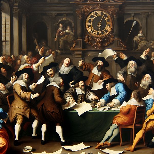 Een levendige Barok scène met professionals die aan een grote tafel plannen bespreken voor een belangrijke afspraak morgen om tien uur.