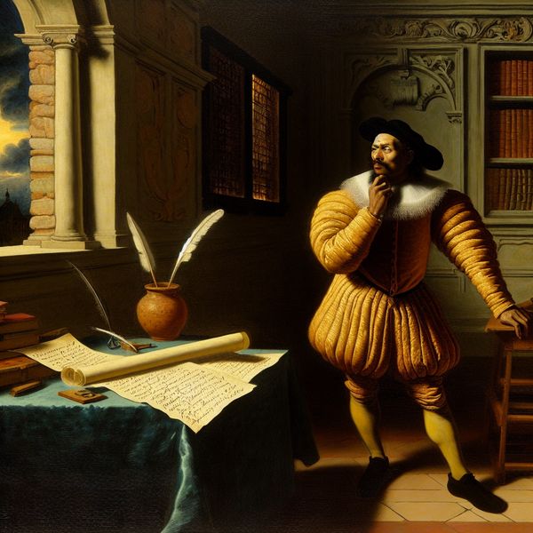 Barokke scène van een persoon in diepe reflectie in een 17e-eeuwse studeerkamer met boeken, een ganzenveer en zacht gouden licht