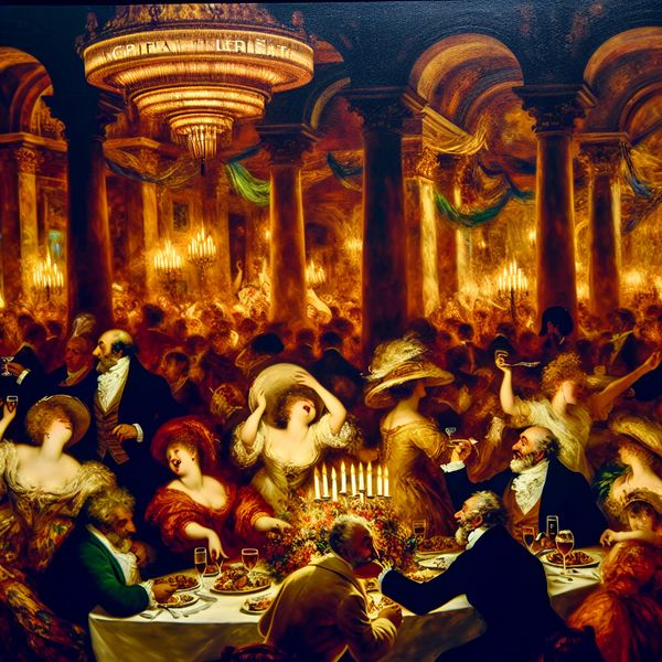 Uitstekende kwaliteit in een barok restaurant - Prima eten en sfeer Barokke restauranttafereel met vrolijke gasten die genieten van een uitstekende maaltijd, met een bord 'Prima' als teken van hoge kwaliteit