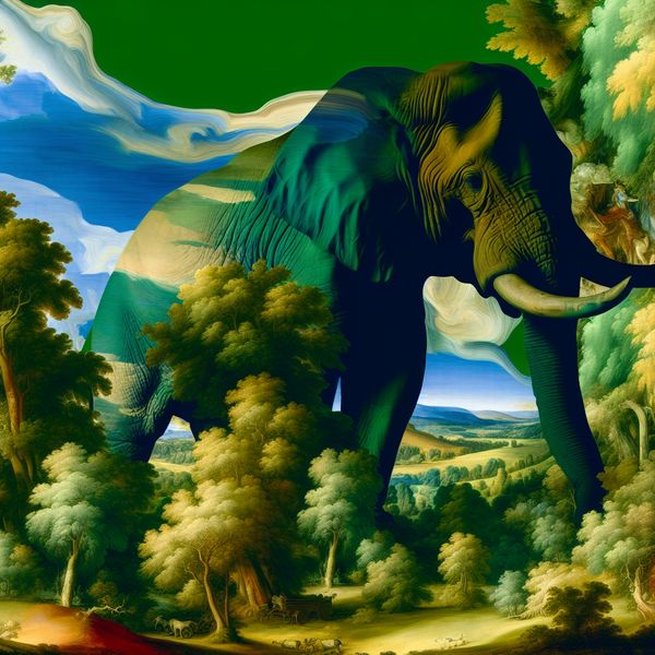 Barok schilderij van een reusachtige olifant in een landschap Reusachtige olifant in een weelderig Barok landschap